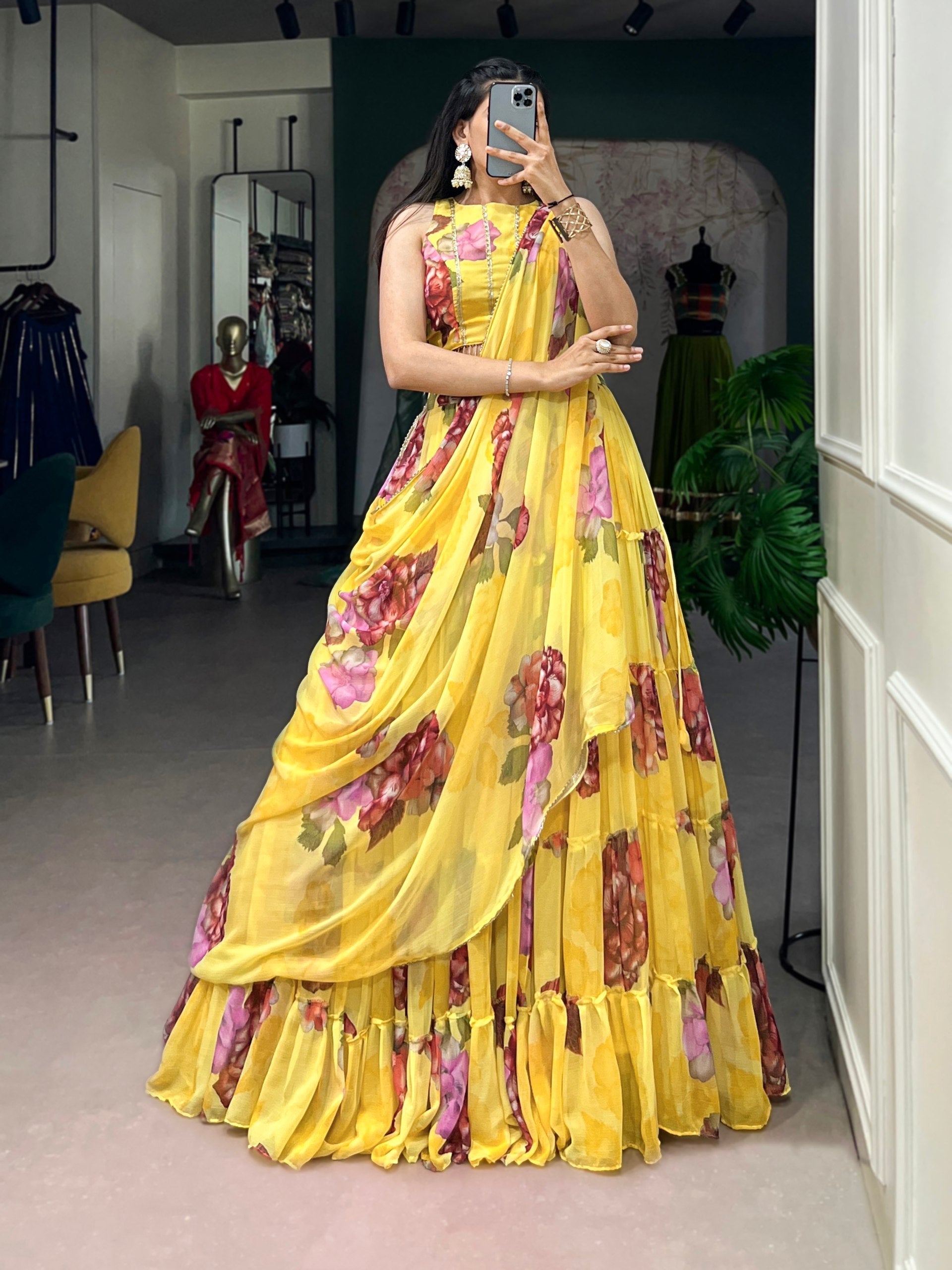 Yellow Floral Print Lehenga Set