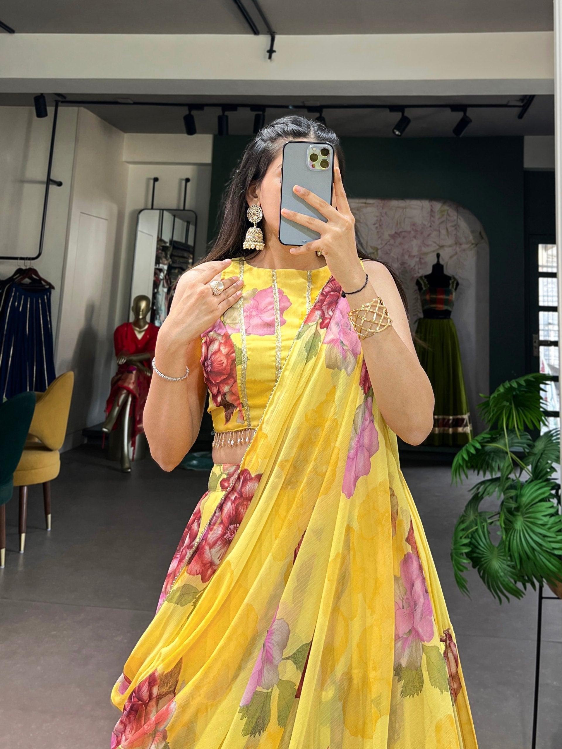 Yellow Floral Print Lehenga Set