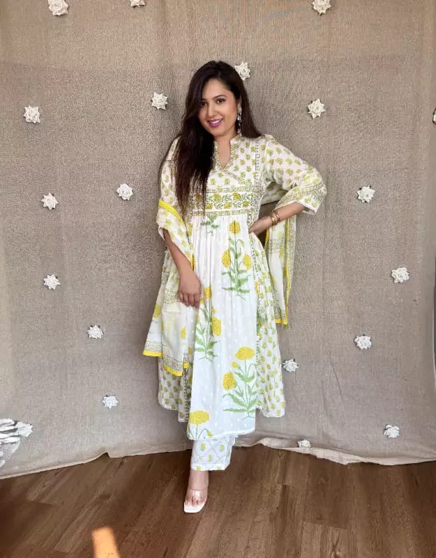 Yellow Floral Printed Cotton Angrakha Kurti Set with Sequin Work & Mul Cotton Dupatta