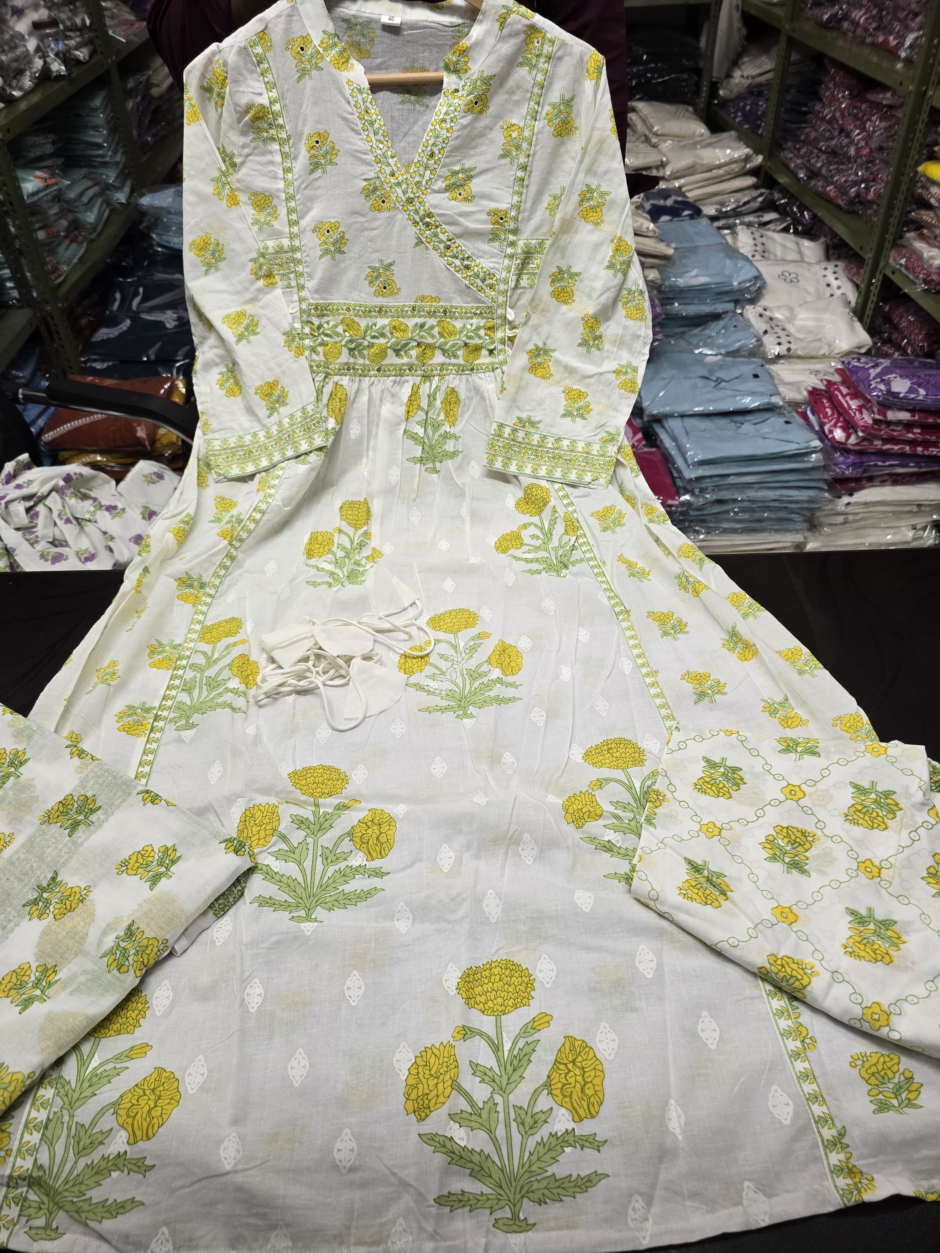 Yellow Floral Printed Cotton Angrakha Kurti Set with Sequin Work & Mul Cotton Dupatta