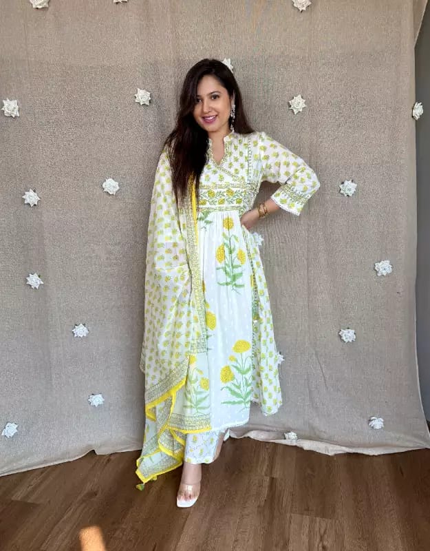Yellow Floral Printed Cotton Angrakha Kurti Set with Sequin Work & Mul Cotton Dupatta