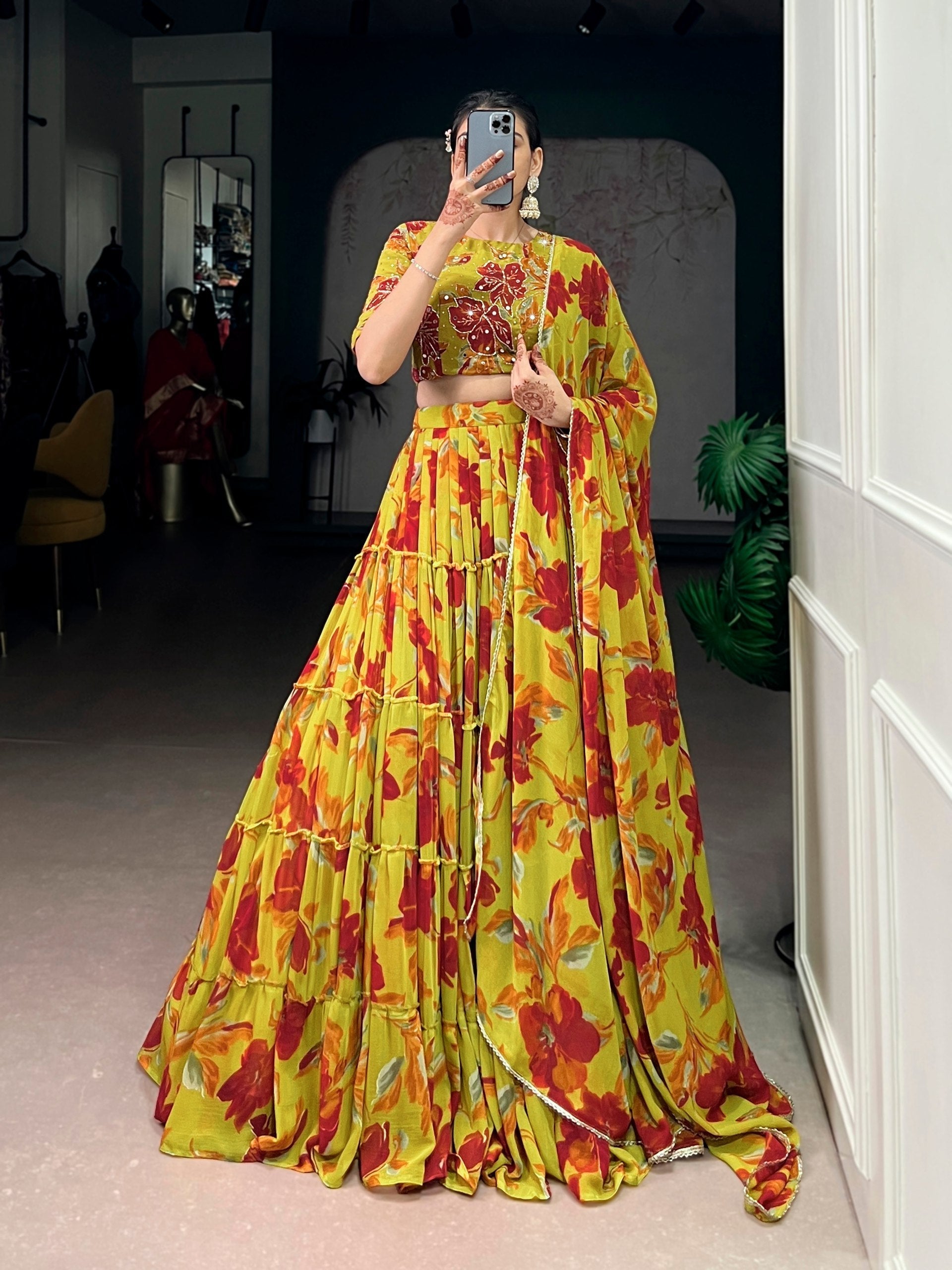 Yellow Floral Printed Lehenga Choli Set