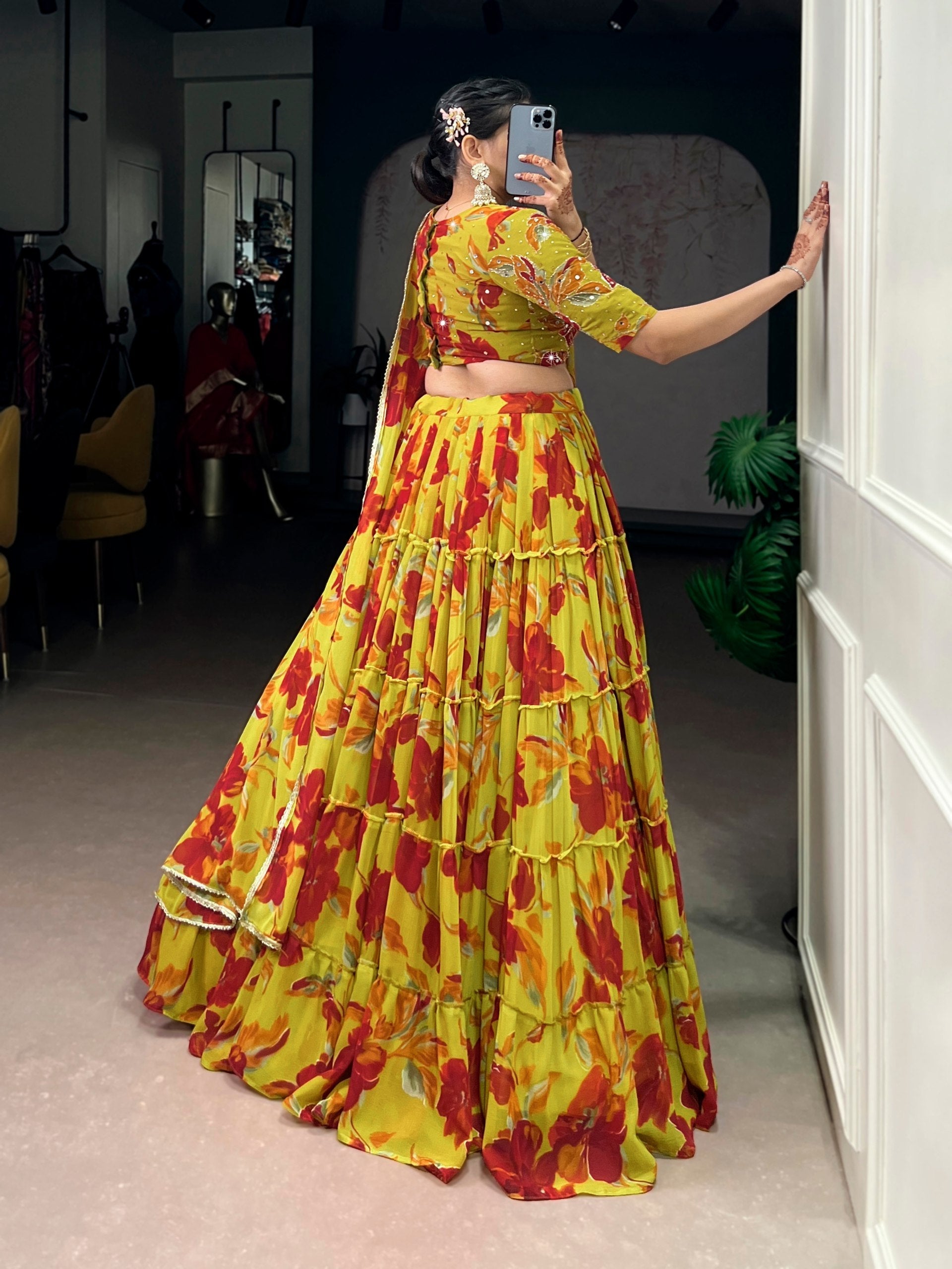Yellow Floral Printed Lehenga Choli Set