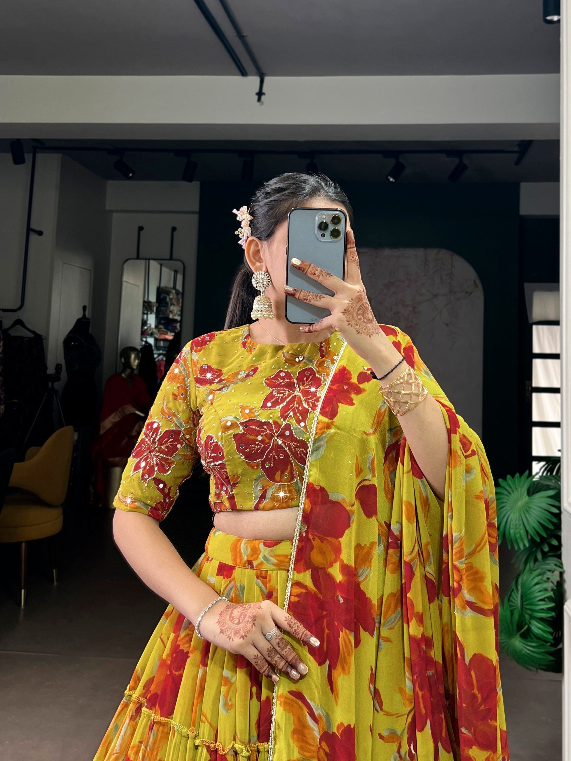 Yellow Floral Printed Lehenga Choli Set