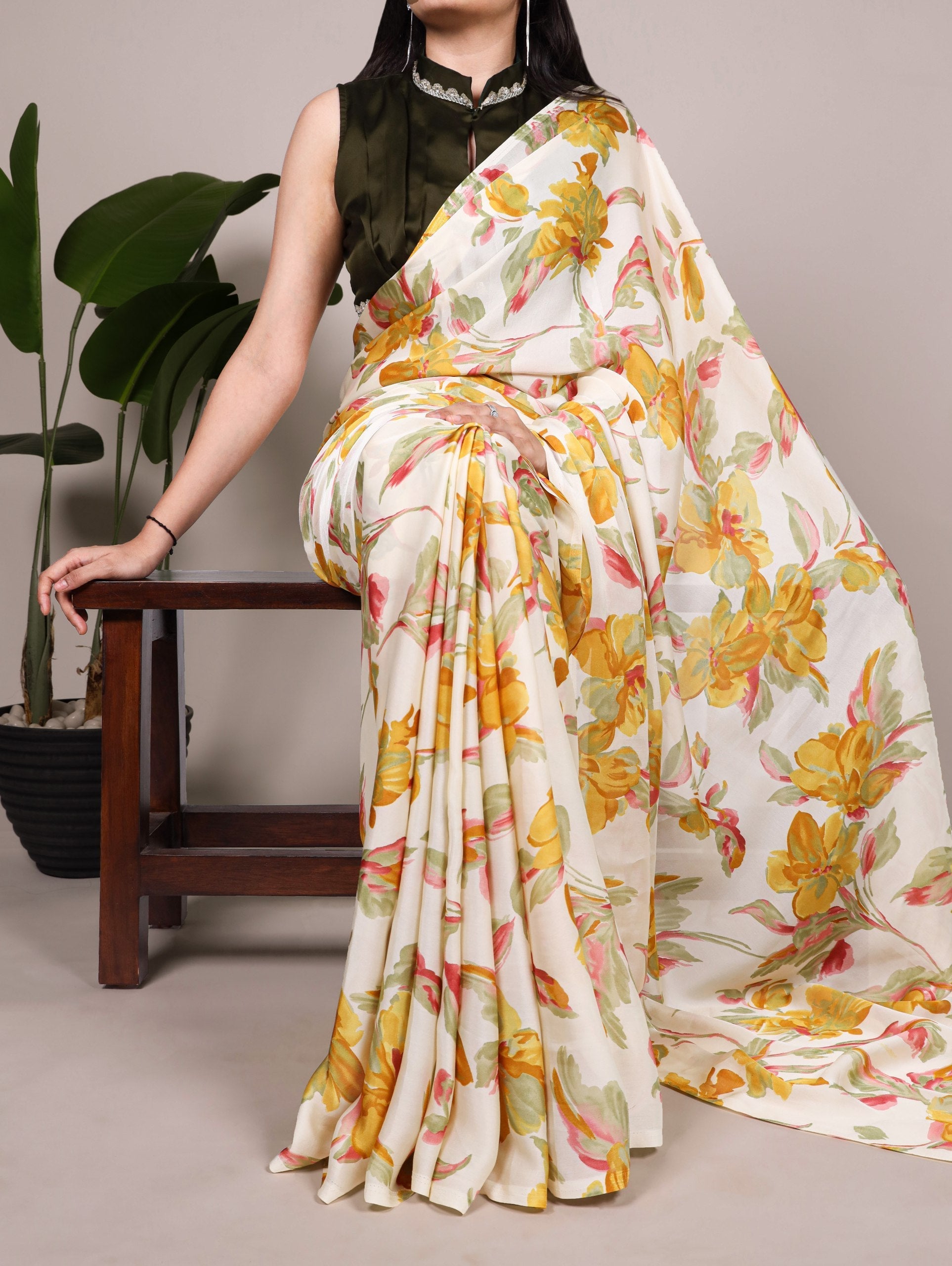 Yellow Floral Printed Satin Silk Saree with Fully Stitched Adjustable Natural Silk Blouse & Lace Detailing – Party & Festive Wear