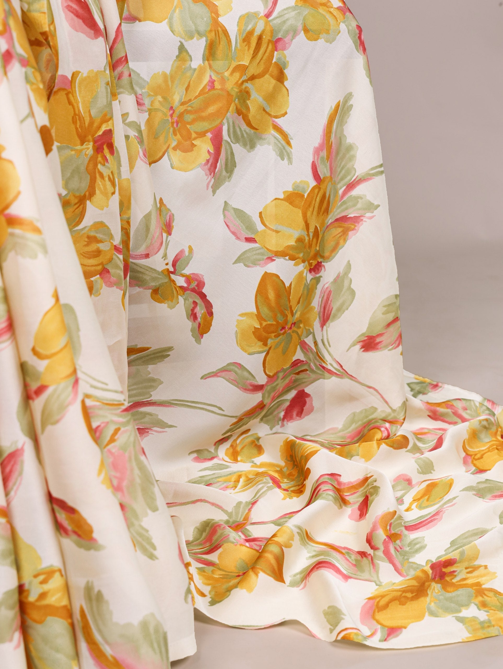 Yellow Floral Printed Satin Silk Saree with Fully Stitched Adjustable Natural Silk Blouse & Lace Detailing – Party & Festive Wear