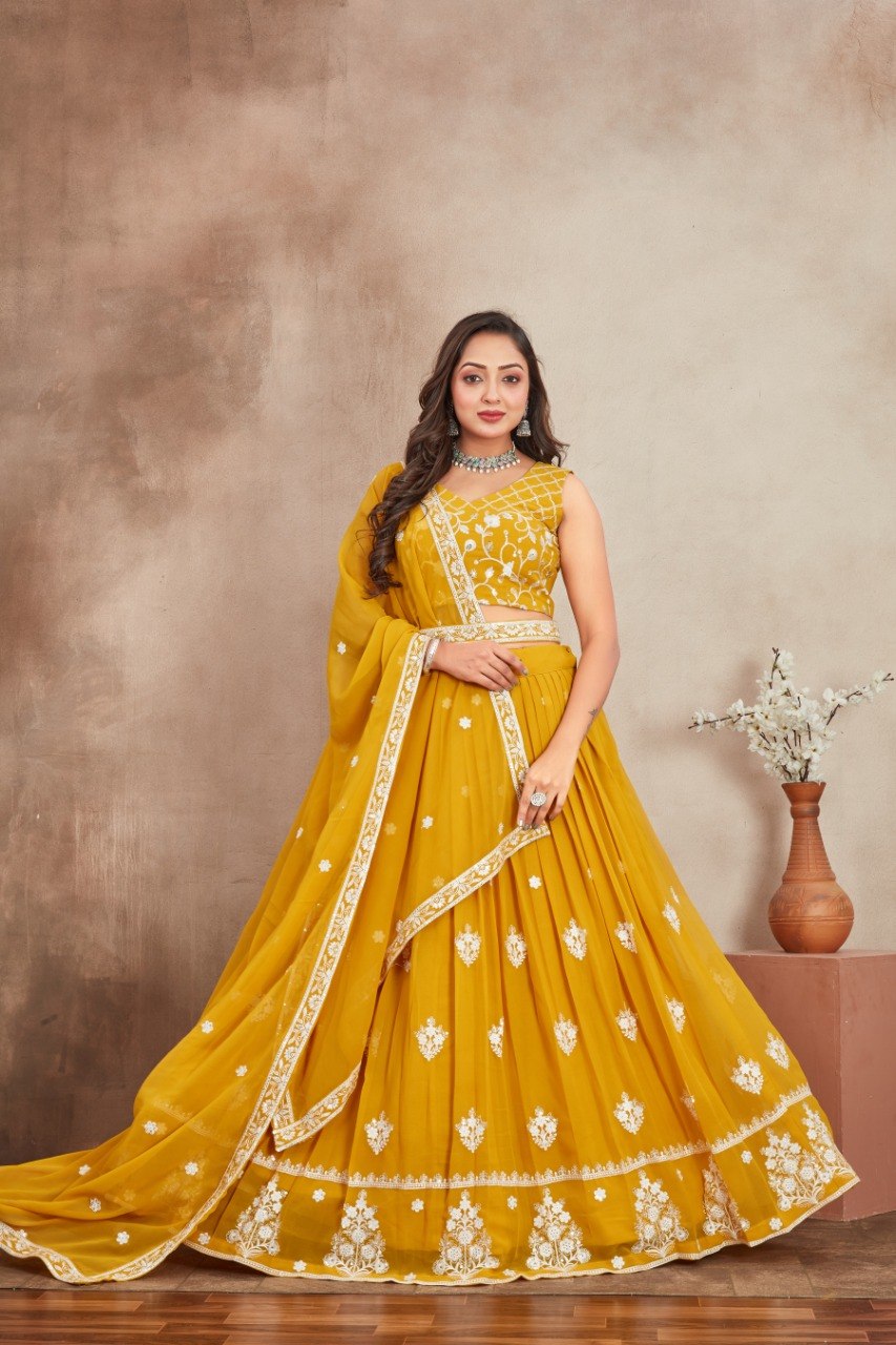 Yellow Georgette Embroidered Lehenga