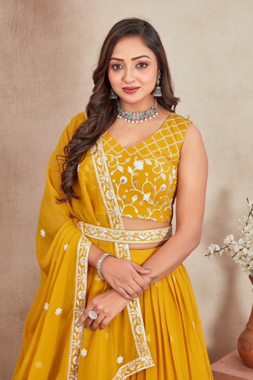 Yellow Georgette Embroidered Lehenga