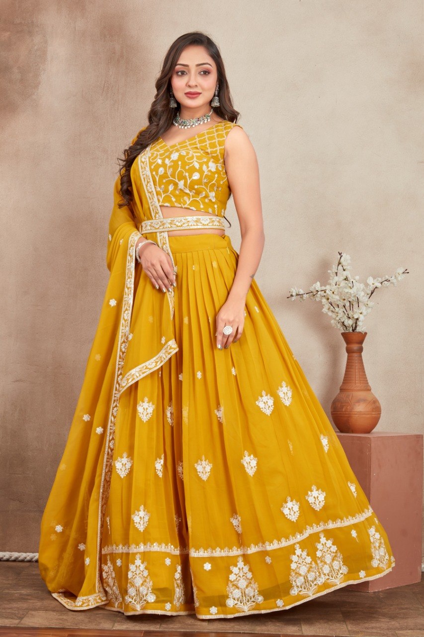 Yellow Georgette Embroidered Lehenga