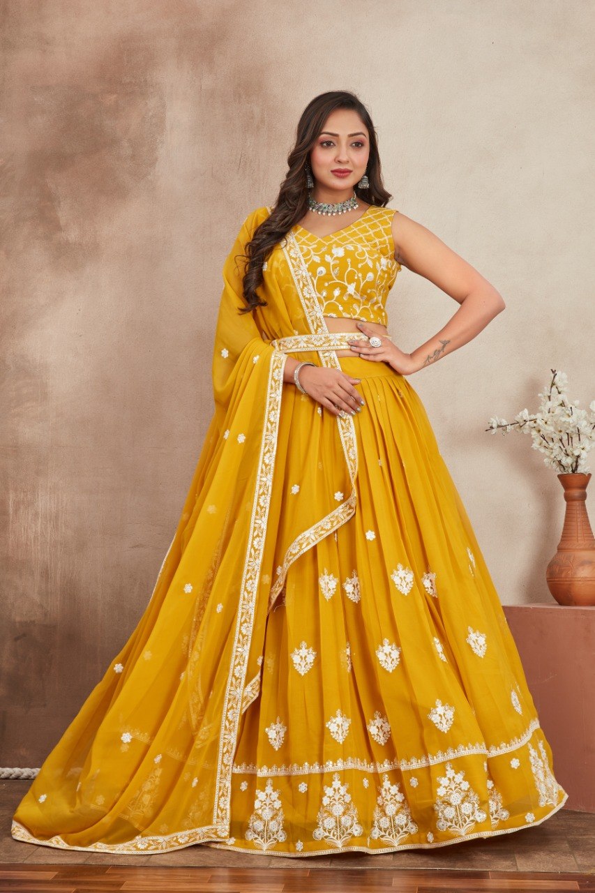 Yellow Georgette Embroidered Lehenga
