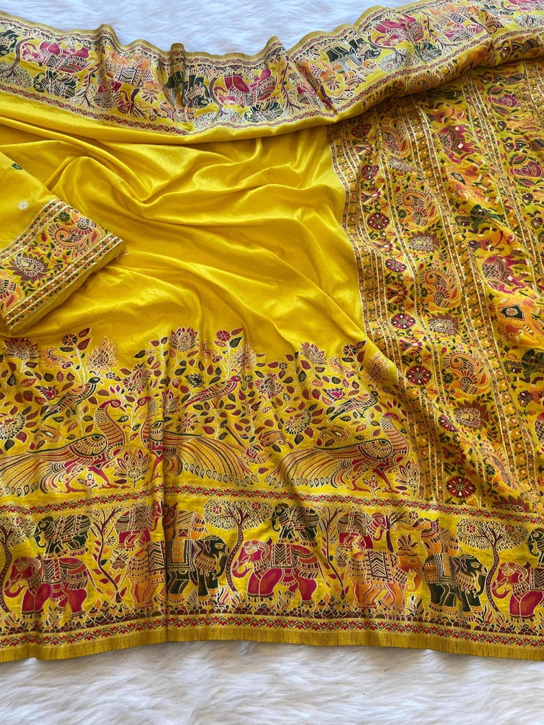 Yellow Luxurious Soft Rajwadi Silk Saree with Kashmiri Thread Woven Pallu & Zari Border