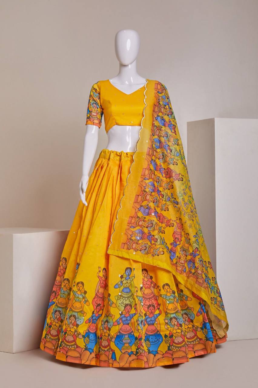 Yellow Luxury Heavy Silk Lehenga Set with Embroidery, Sequins & Printed Detailing