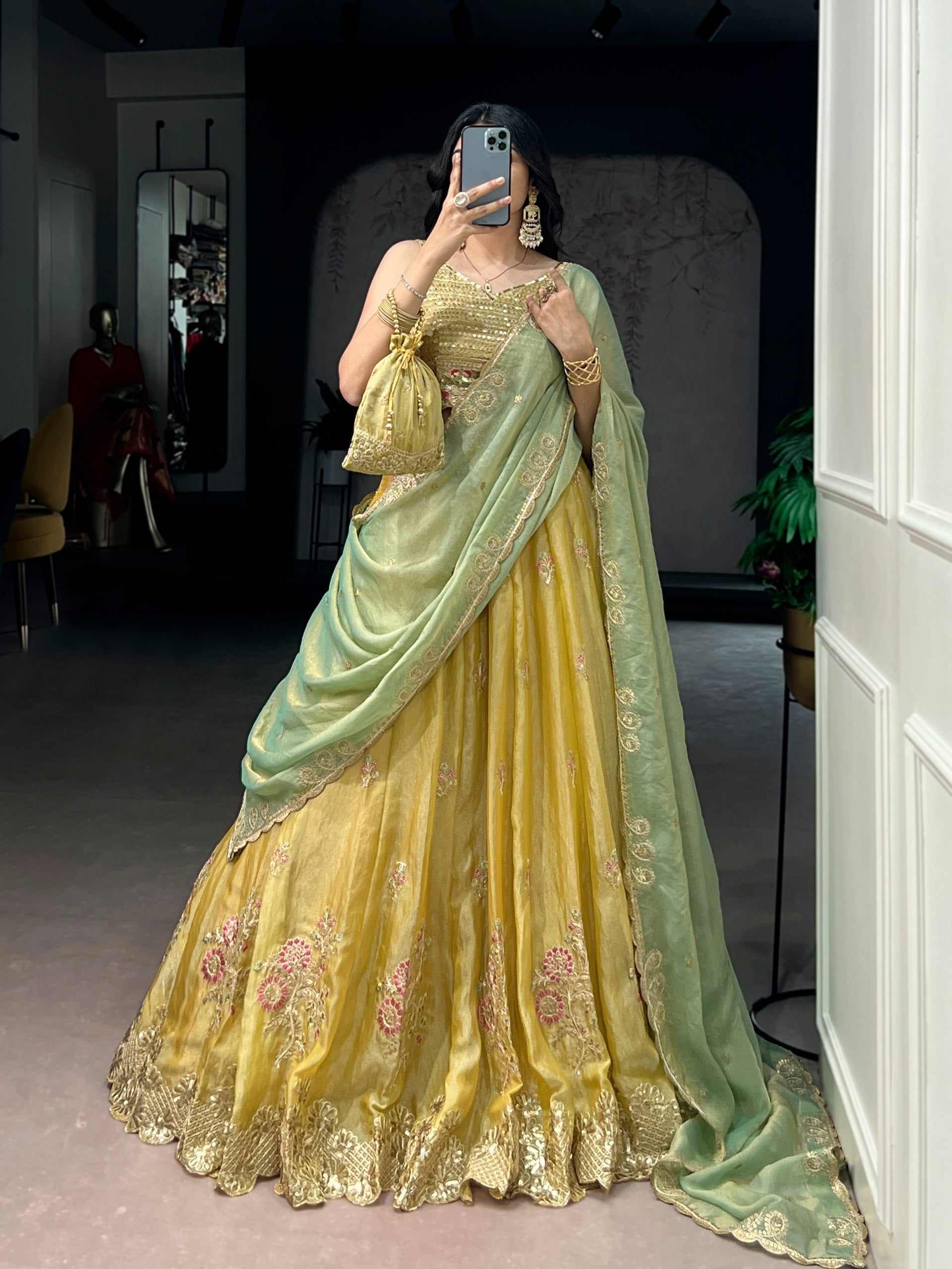 Yellow Moss Silk Embroidered Lehenga with Batwa