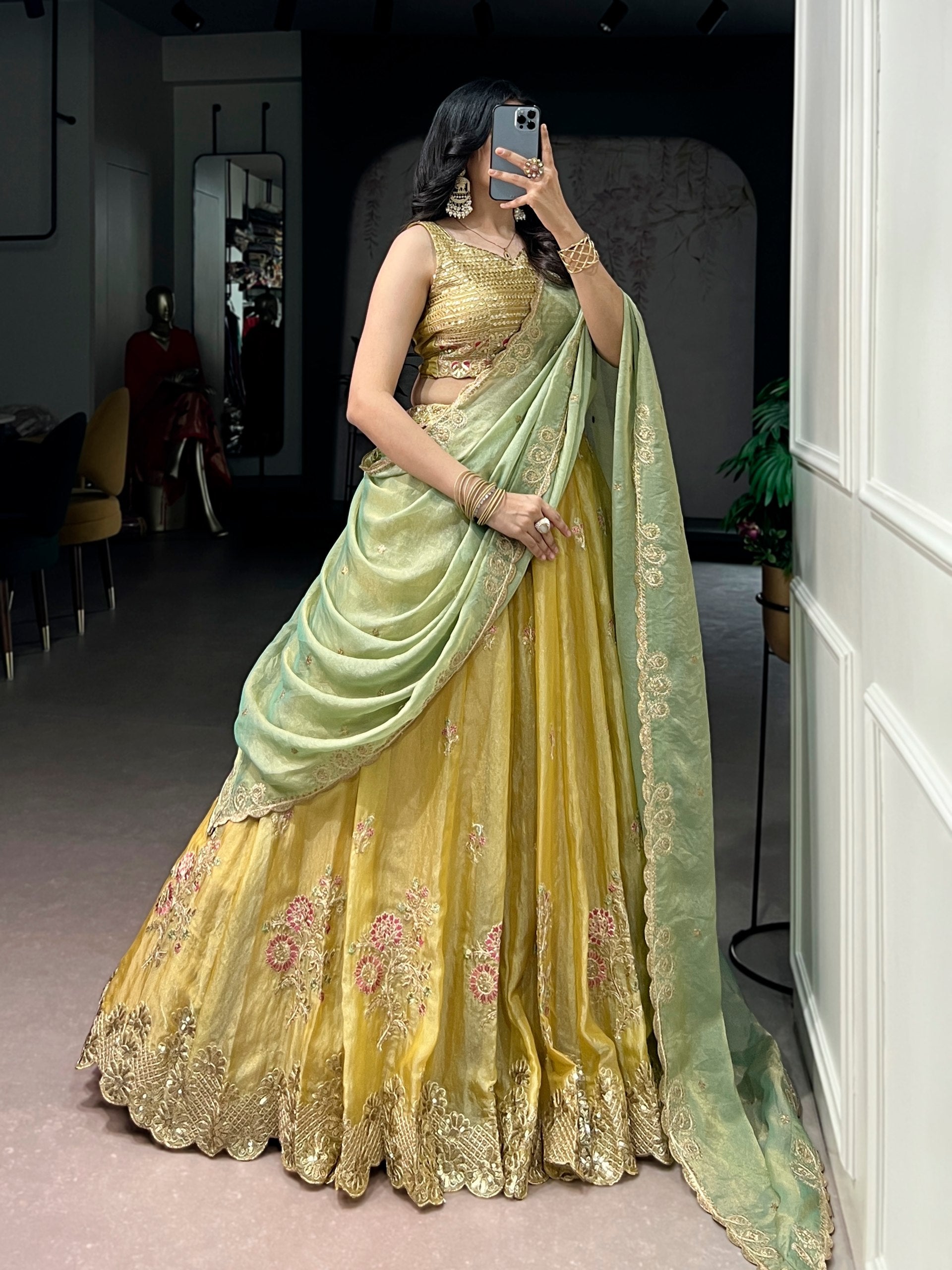 Yellow Moss Silk Embroidered Lehenga with Batwa