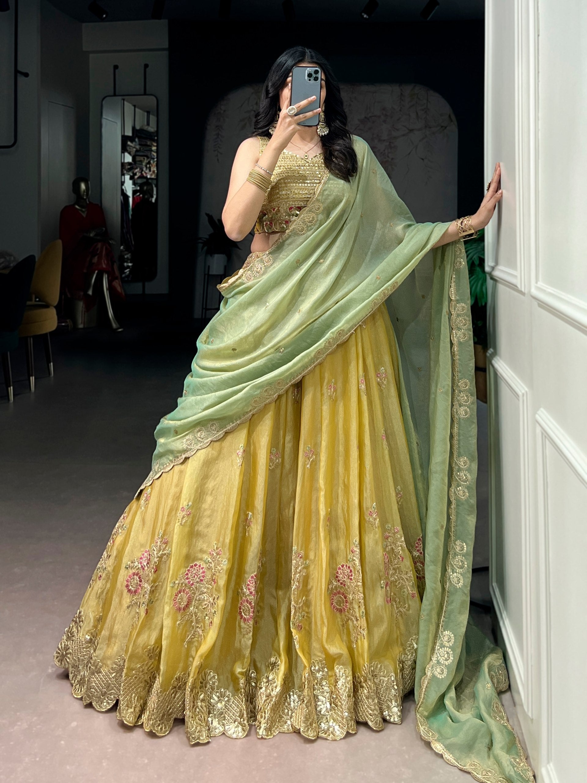 Yellow Moss Silk Embroidered Lehenga with Batwa