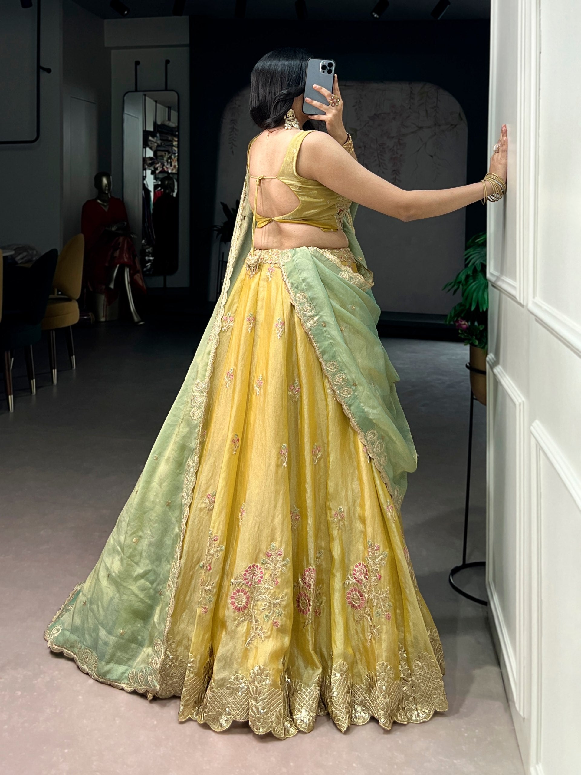 Yellow Moss Silk Embroidered Lehenga with Batwa
