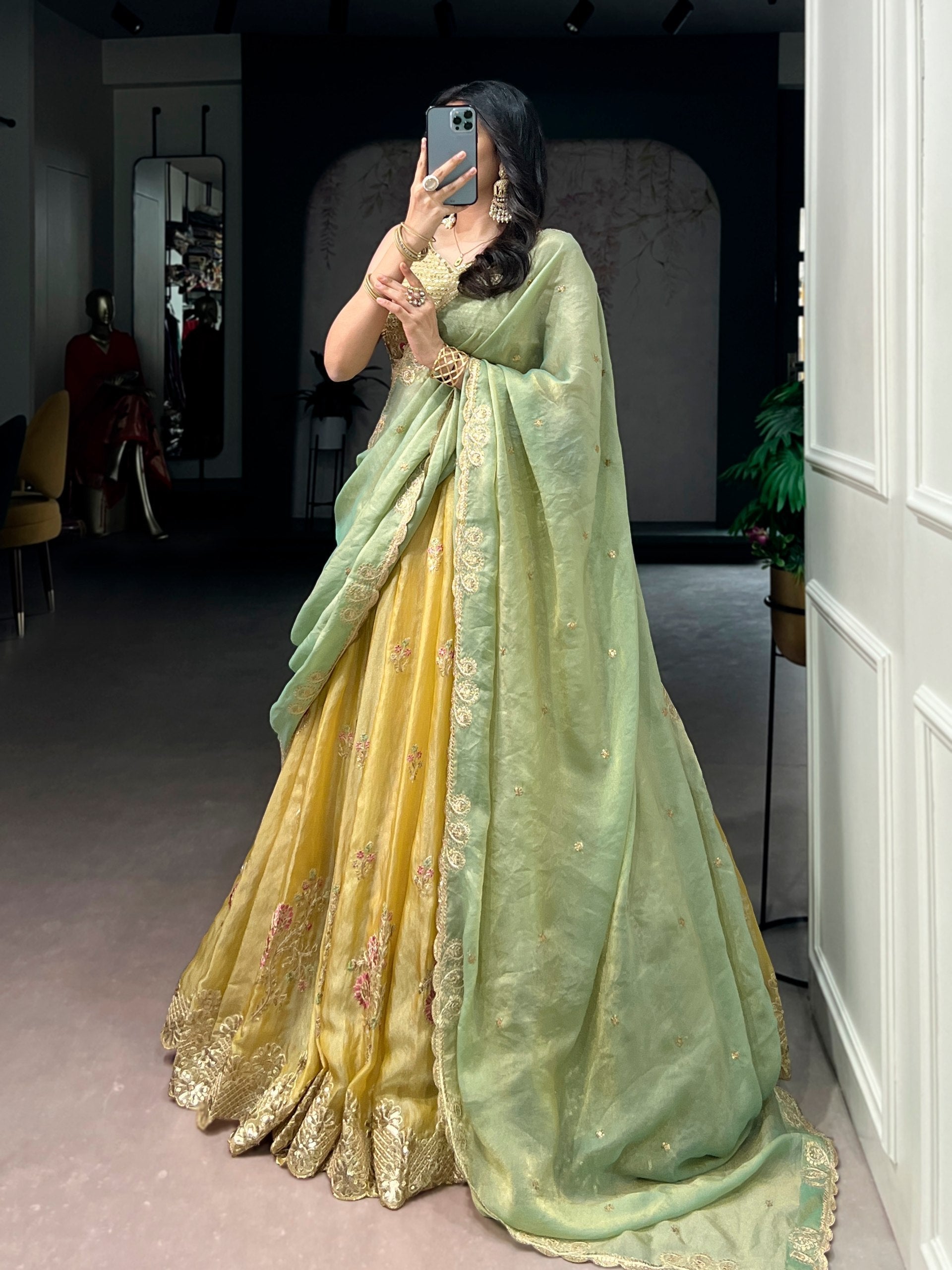 Yellow Moss Silk Embroidered Lehenga with Batwa