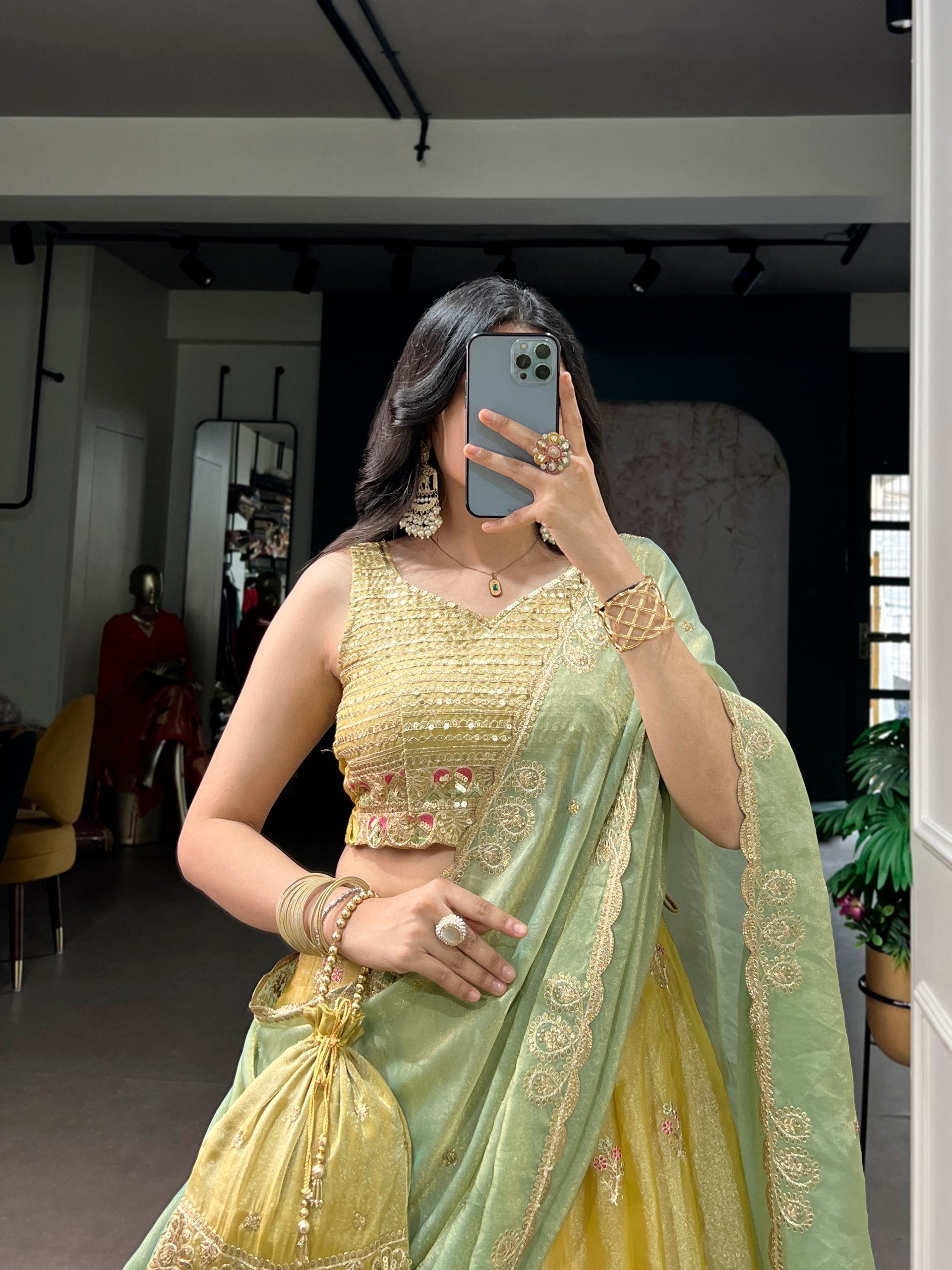 Yellow Moss Silk Embroidered Lehenga with Batwa