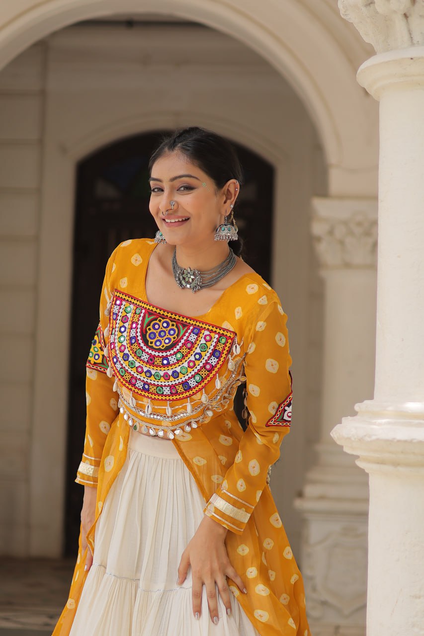 Yellow Navratri Special Bandhani Kurti with Kora Cotton Frill Lehenga Set – Full Stitched