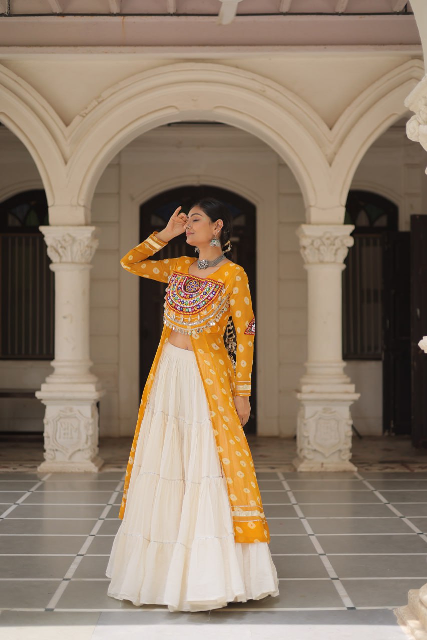 Yellow Navratri Special Bandhani Kurti with Kora Cotton Frill Lehenga Set – Full Stitched