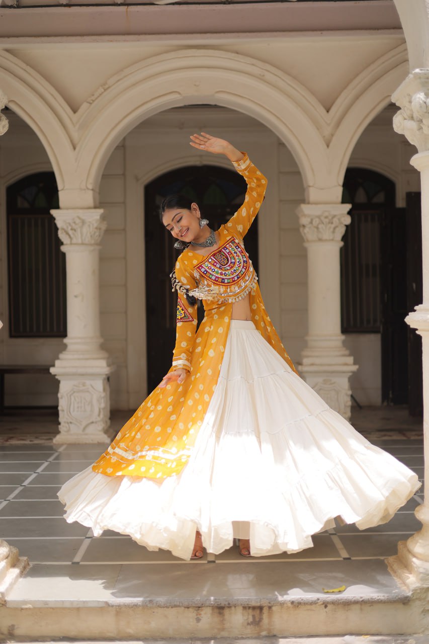 Yellow Navratri Special Bandhani Kurti with Kora Cotton Frill Lehenga Set – Full Stitched