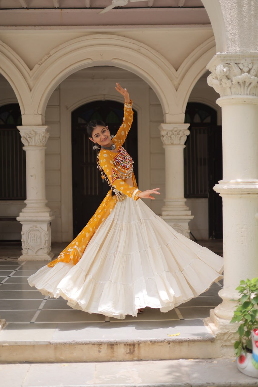 Yellow Navratri Special Bandhani Kurti with Kora Cotton Frill Lehenga Set – Full Stitched