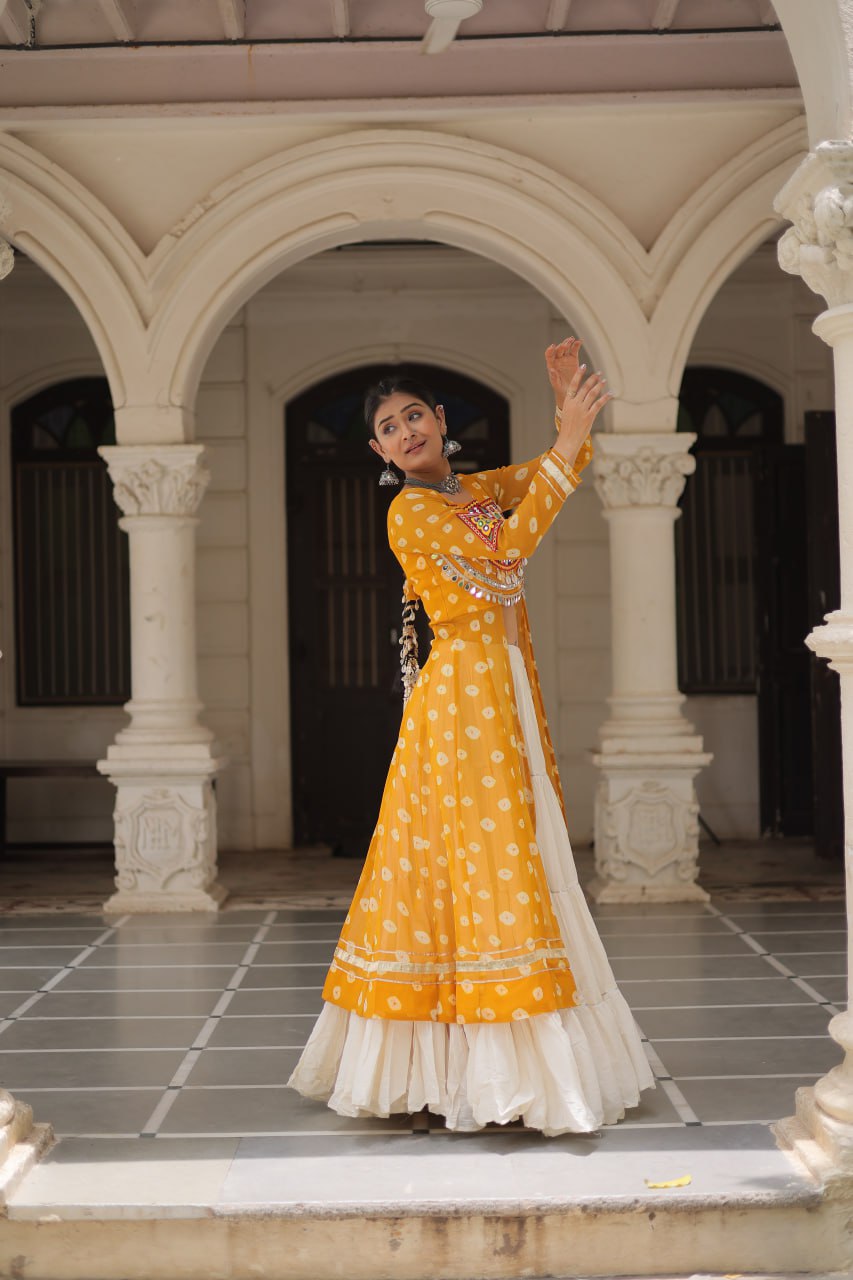Yellow Navratri Special Bandhani Kurti with Kora Cotton Frill Lehenga Set – Full Stitched