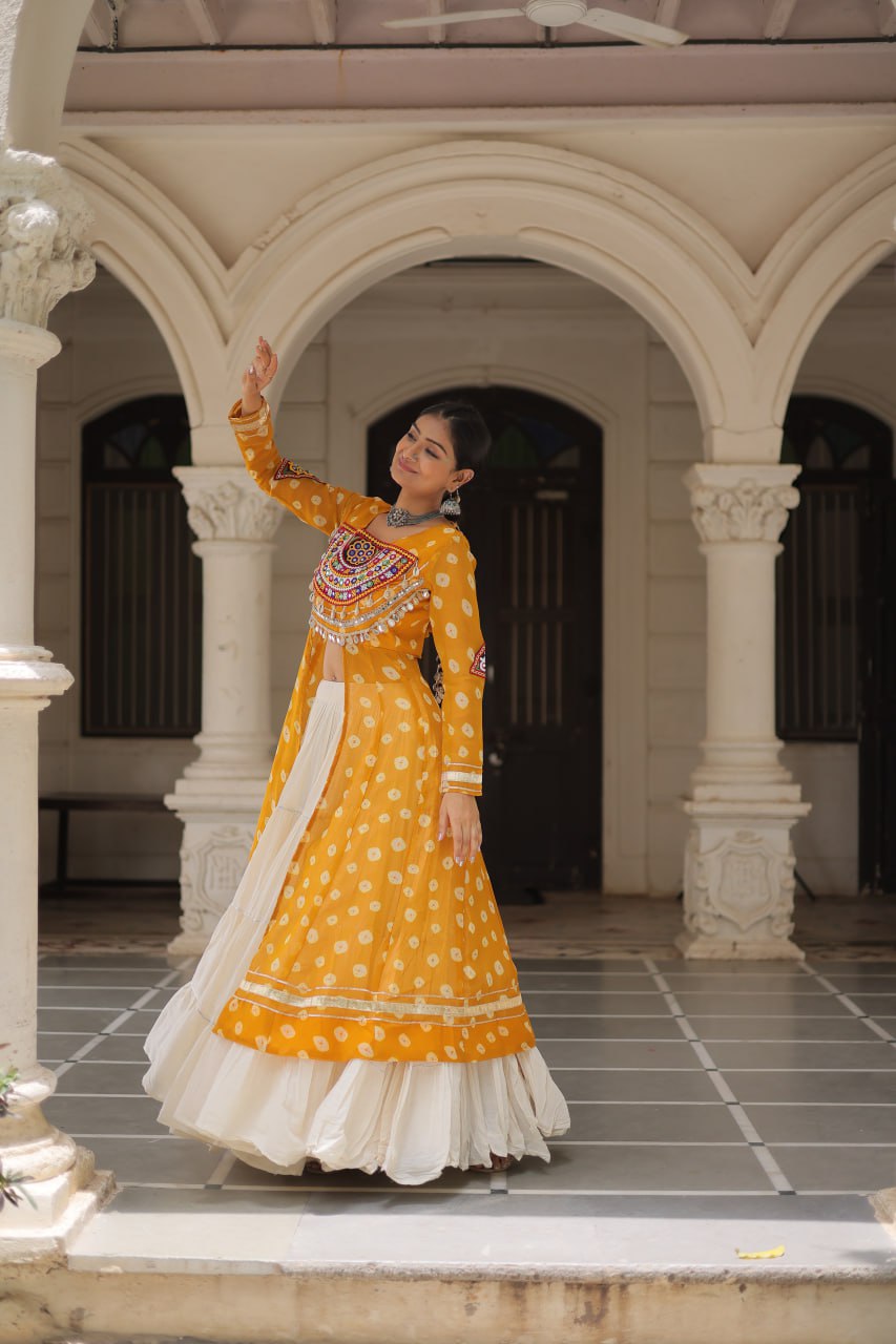 Yellow Navratri Special Bandhani Kurti with Kora Cotton Frill Lehenga Set – Full Stitched