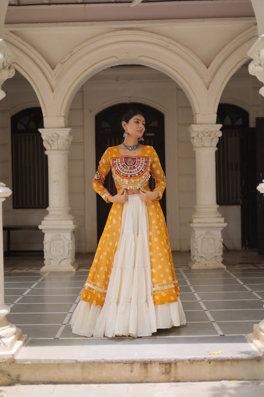Yellow Navratri Special Bandhani Kurti with Kora Cotton Frill Lehenga Set – Full Stitched