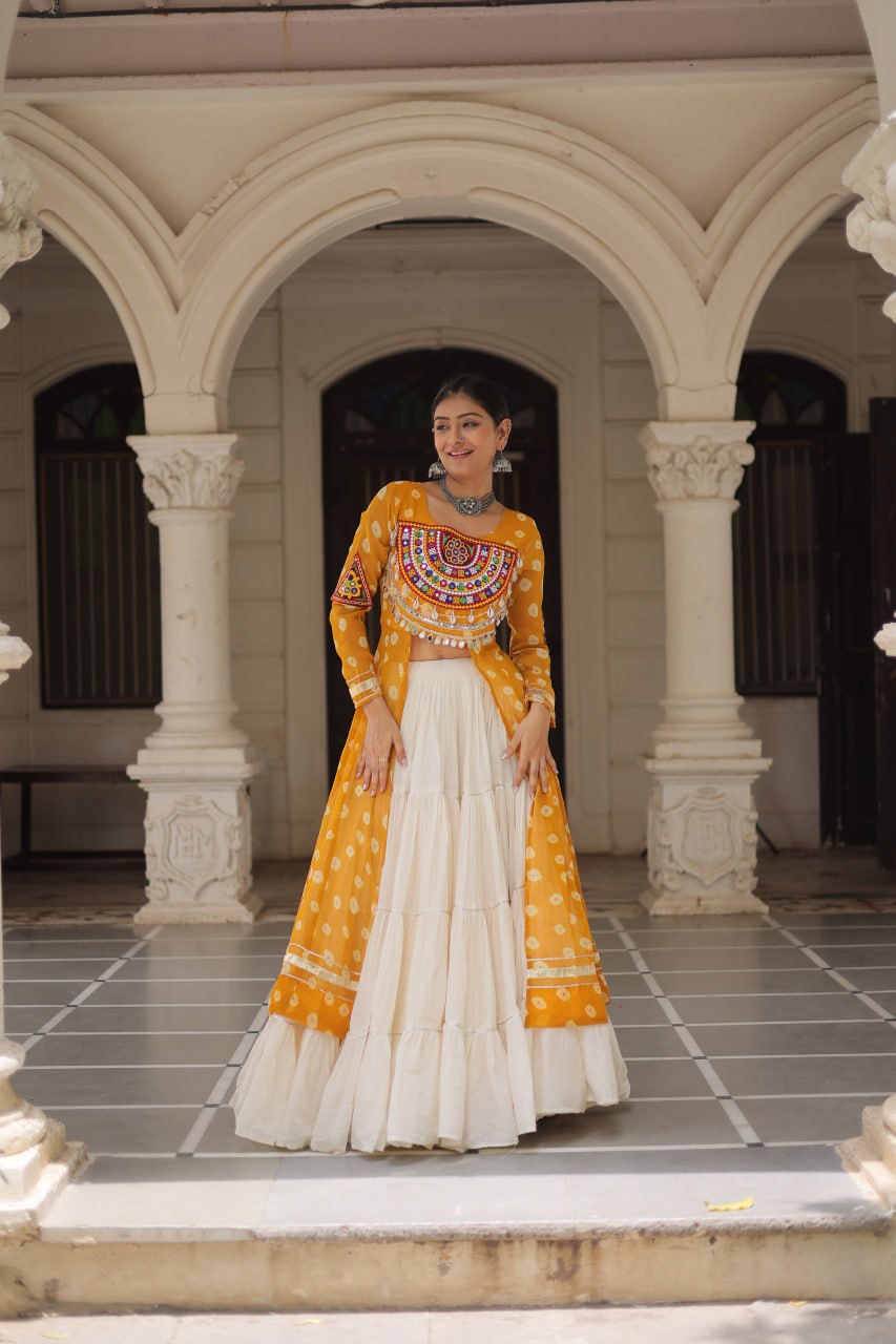 Yellow Navratri Special Bandhani Kurti with Kora Cotton Frill Lehenga Set – Full Stitched