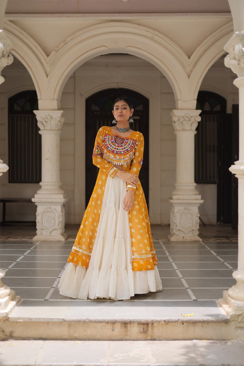 Yellow Navratri Special Bandhani Kurti with Kora Cotton Frill Lehenga Set – Full Stitched