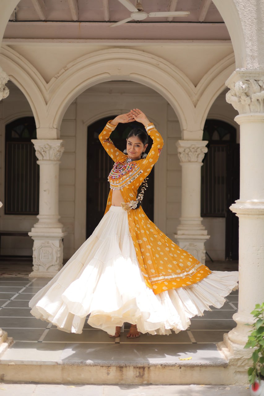 Yellow Navratri Special Bandhani Kurti with Kora Cotton Frill Lehenga Set – Full Stitched