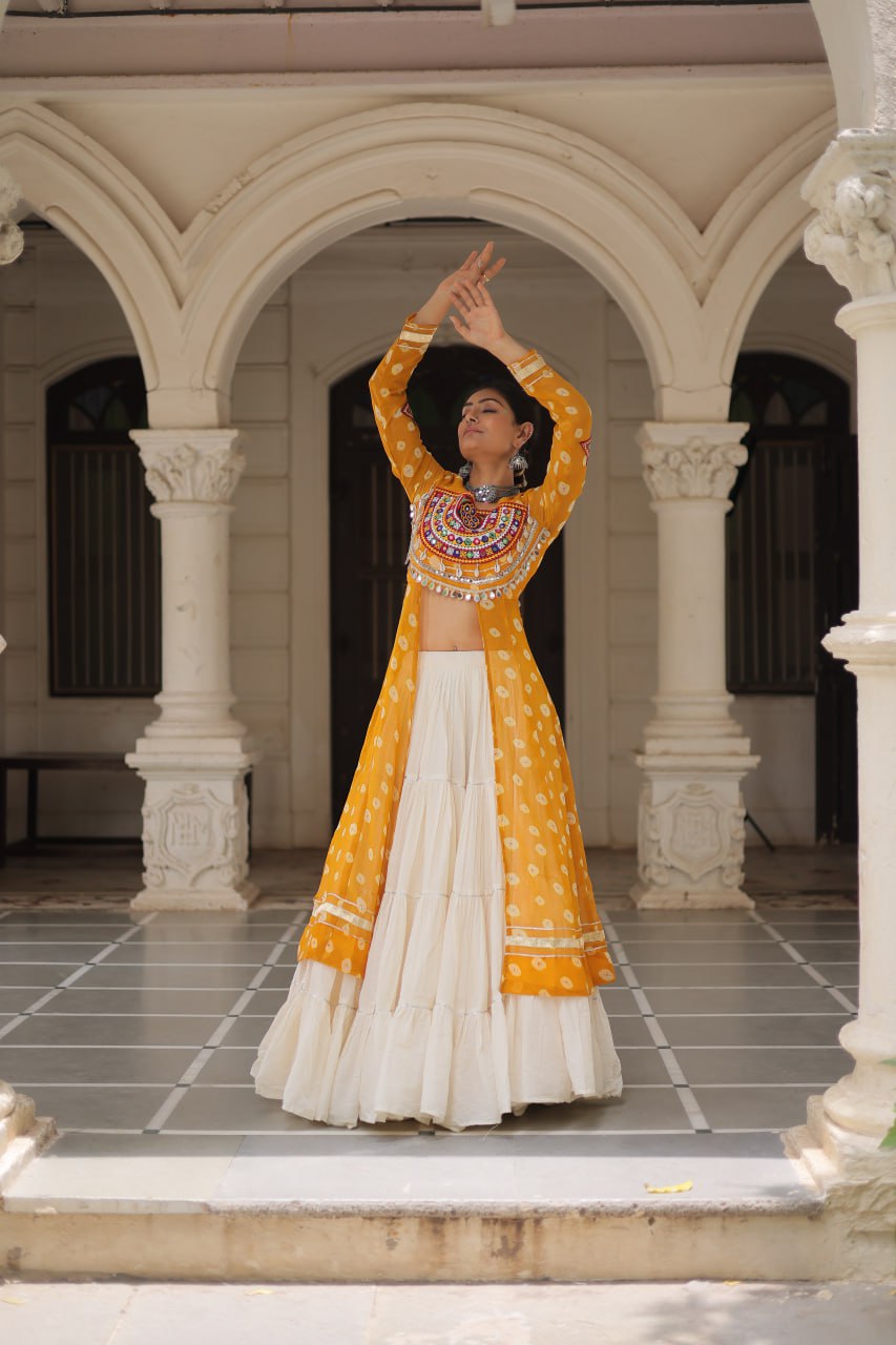 Yellow Navratri Special Bandhani Kurti with Kora Cotton Frill Lehenga Set – Full Stitched