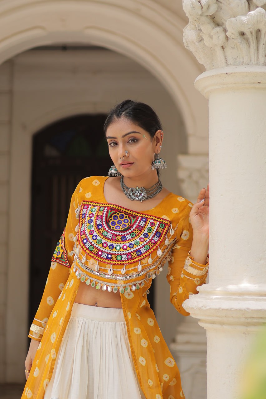 Yellow Navratri Special Bandhani Kurti with Kora Cotton Frill Lehenga Set – Full Stitched