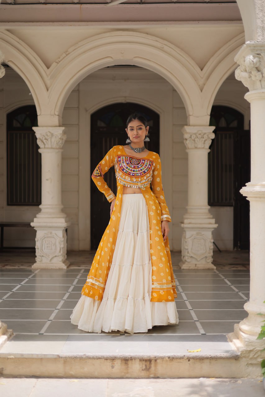 Yellow Navratri Special Bandhani Kurti with Kora Cotton Frill Lehenga Set – Full Stitched