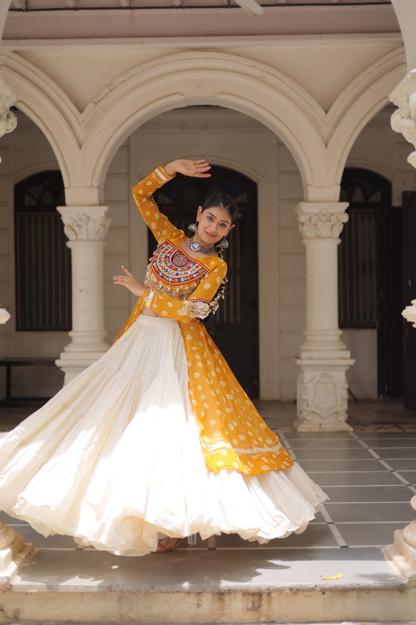 Yellow Navratri Special Bandhani Kurti with Kora Cotton Frill Lehenga Set – Full Stitched