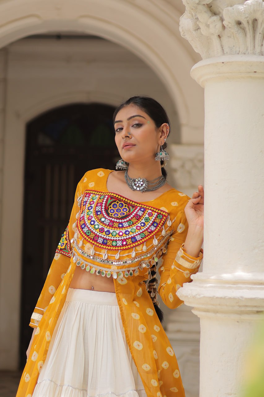 Yellow Navratri Special Bandhani Kurti with Kora Cotton Frill Lehenga Set – Full Stitched