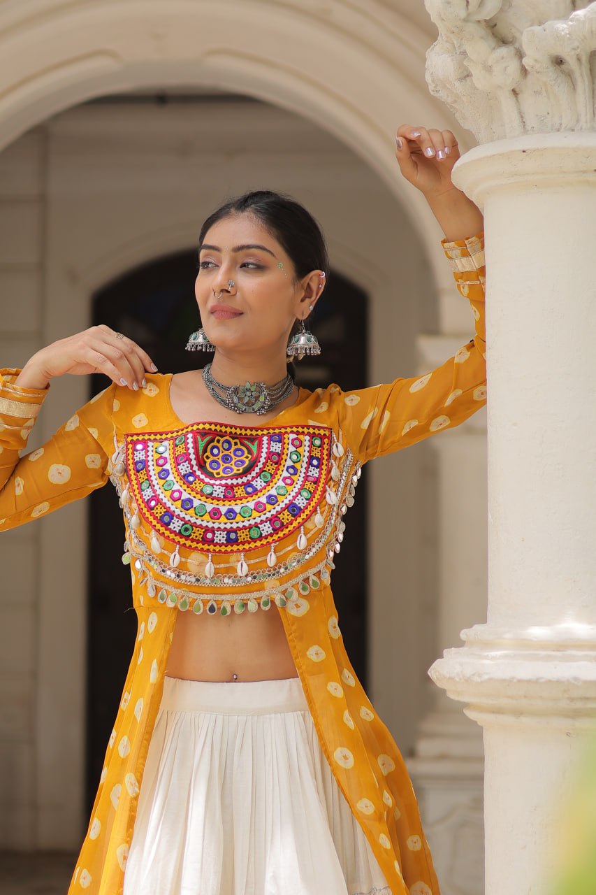 Yellow Navratri Special Bandhani Kurti with Kora Cotton Frill Lehenga Set – Full Stitched