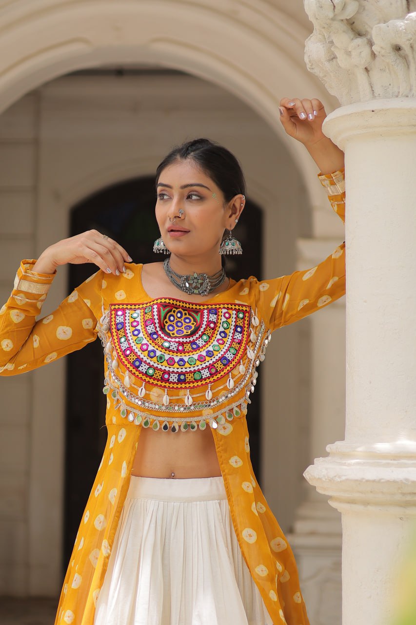 Yellow Navratri Special Bandhani Kurti with Kora Cotton Frill Lehenga Set – Full Stitched