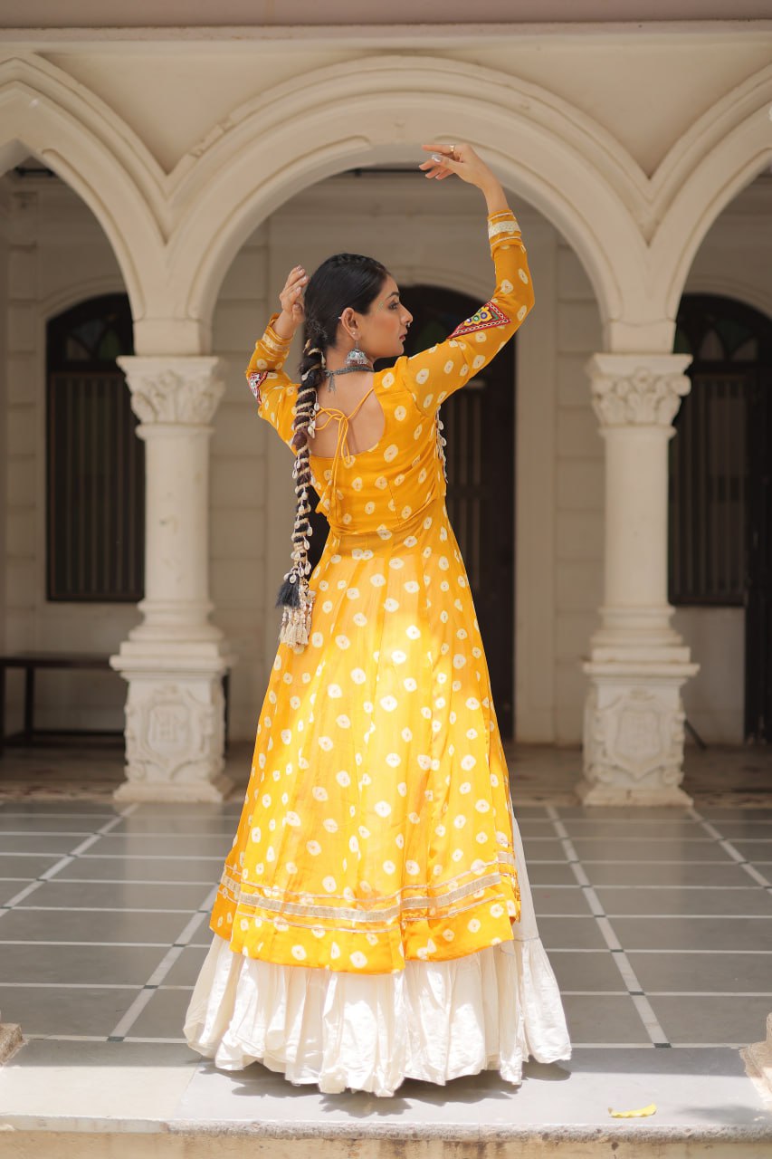 Yellow Navratri Special Bandhani Kurti with Kora Cotton Frill Lehenga Set – Full Stitched
