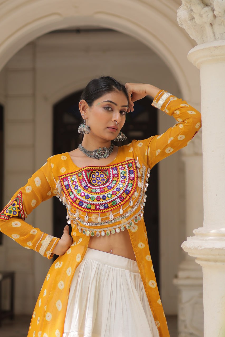 Yellow Navratri Special Bandhani Kurti with Kora Cotton Frill Lehenga Set – Full Stitched