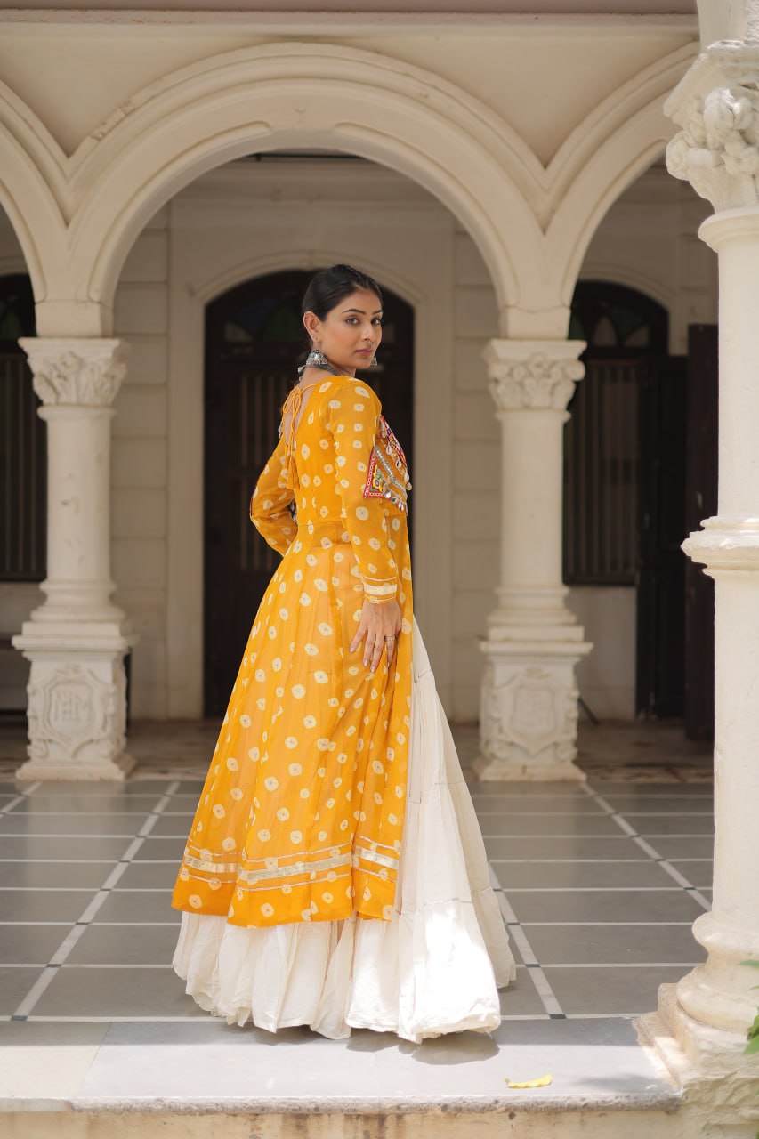 Yellow Navratri Special Bandhani Kurti with Kora Cotton Frill Lehenga Set – Full Stitched