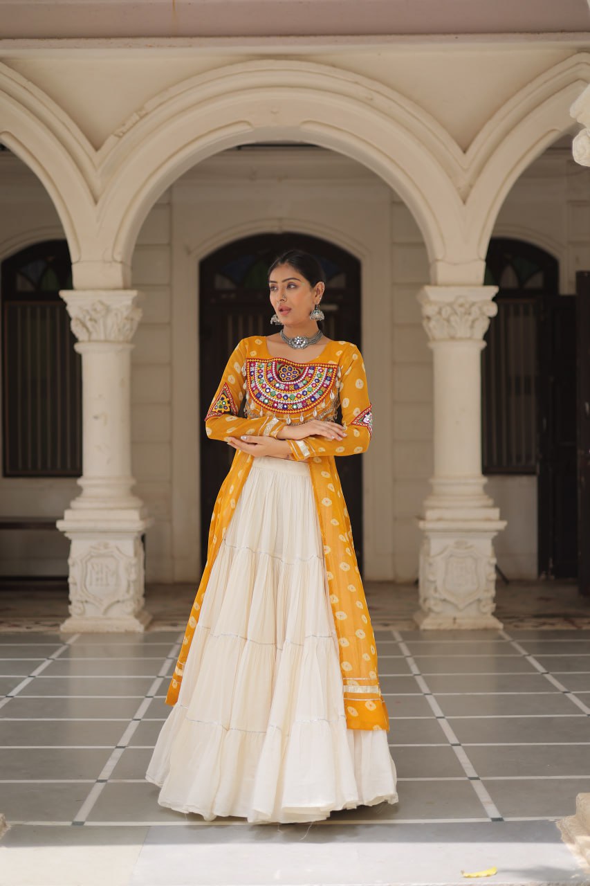 Yellow Navratri Special Bandhani Kurti with Kora Cotton Frill Lehenga Set – Full Stitched