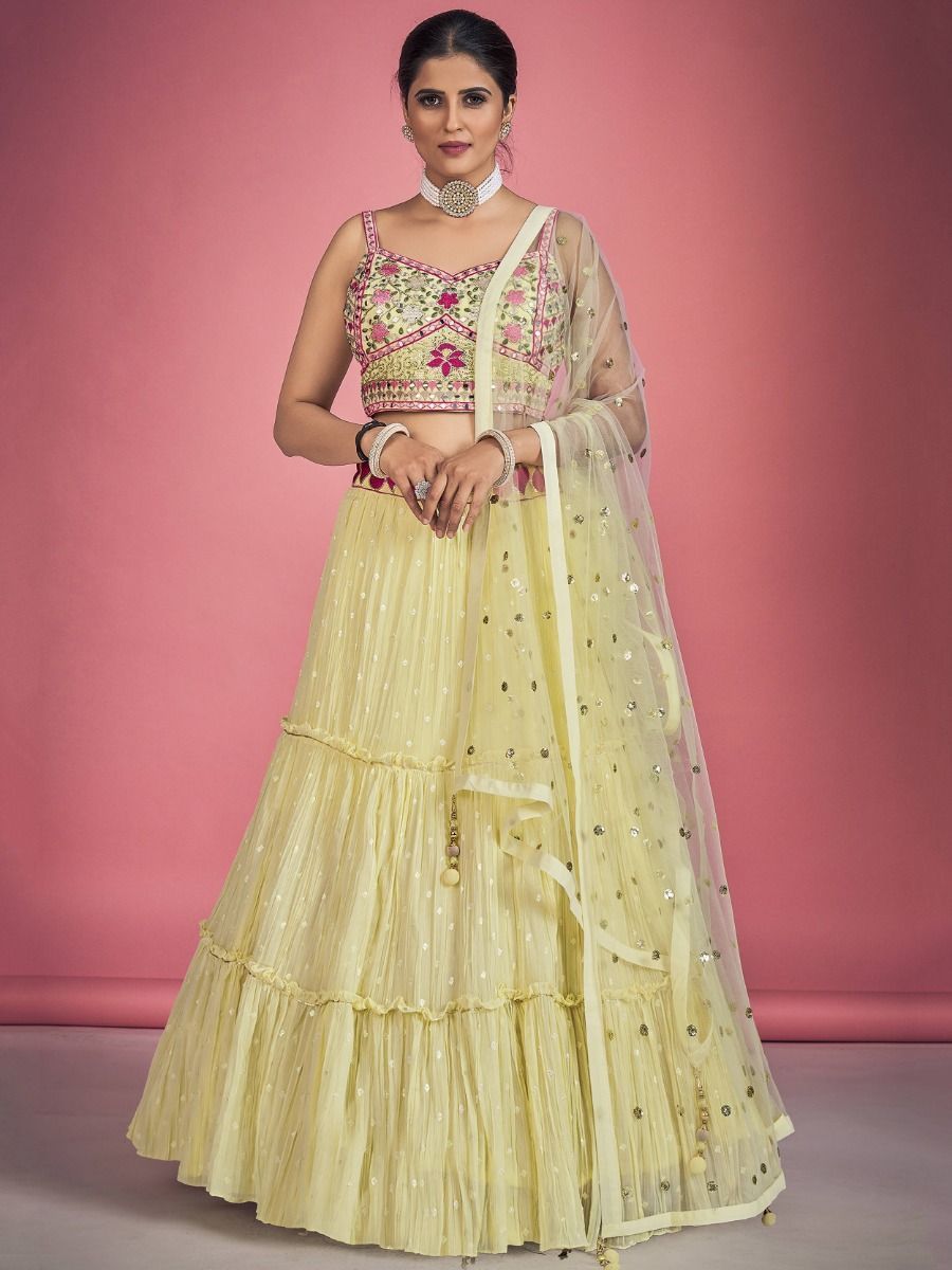 Yellow Pakistani Georgette Lehenga Choli For Indian Festivals & Weddings - Sequence Embroidery Work, Thread Embroidery Work, Mirror Work