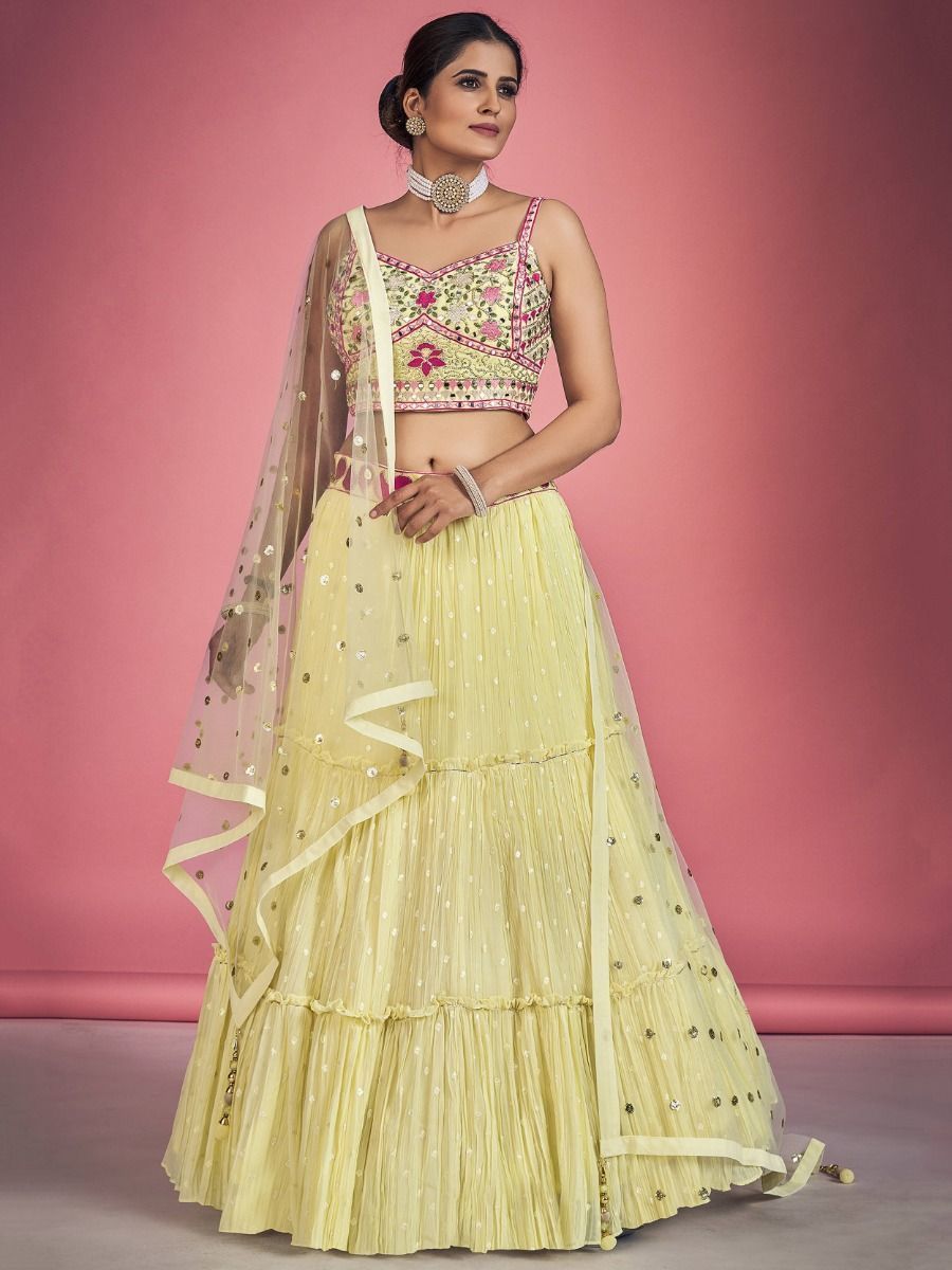 Yellow Pakistani Georgette Lehenga Choli For Indian Festivals & Weddings - Sequence Embroidery Work, Thread Embroidery Work, Mirror Work