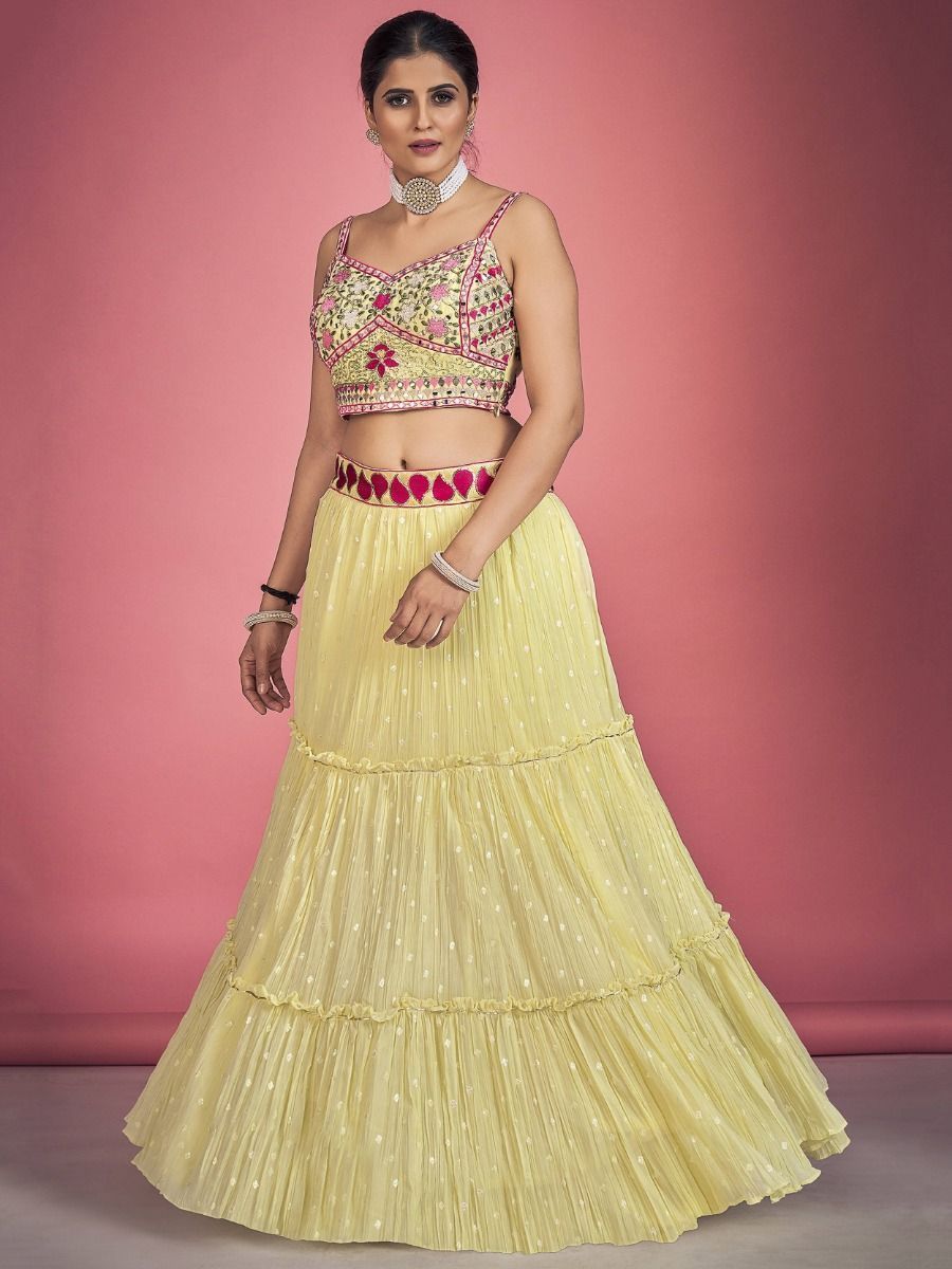 Yellow Pakistani Georgette Lehenga Choli For Indian Festivals & Weddings - Sequence Embroidery Work, Thread Embroidery Work, Mirror Work