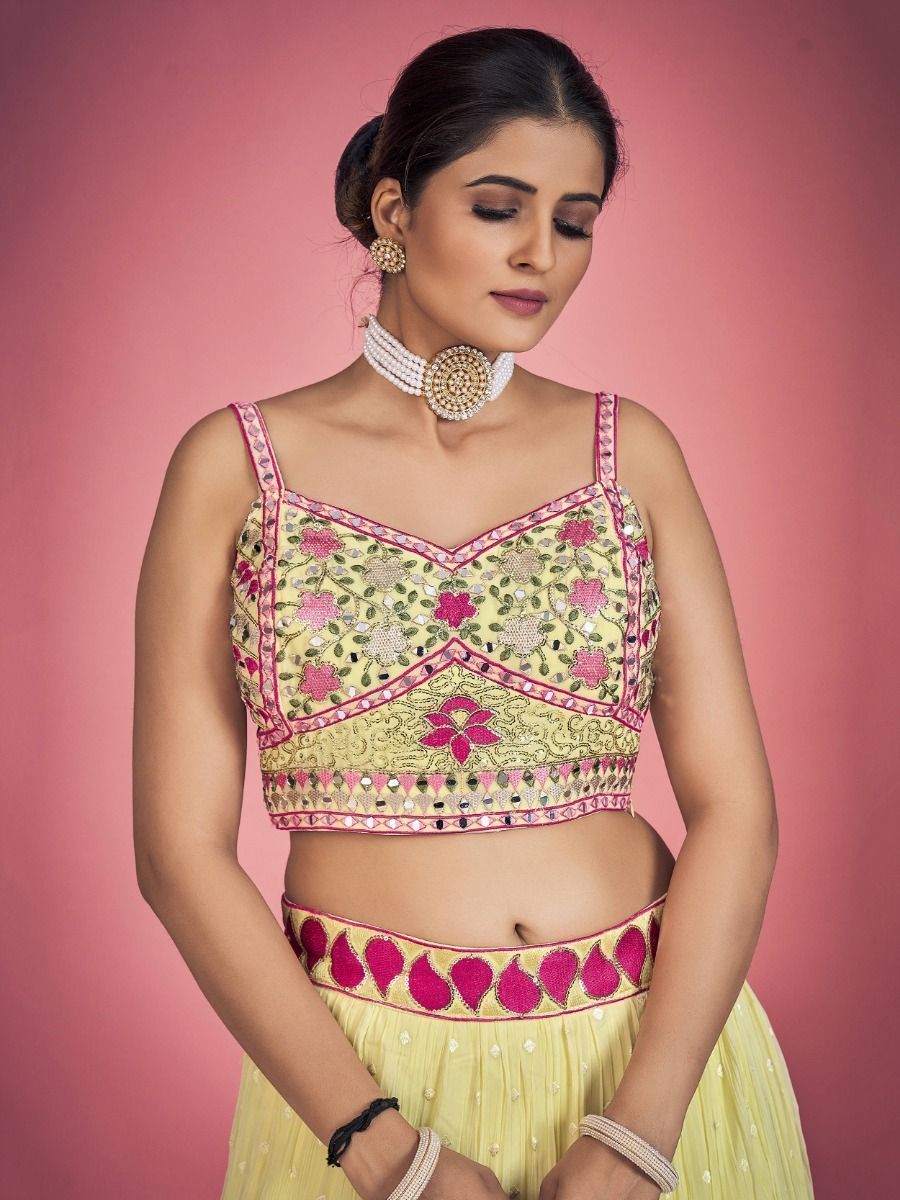 Yellow Pakistani Georgette Lehenga Choli For Indian Festivals & Weddings - Sequence Embroidery Work, Thread Embroidery Work, Mirror Work