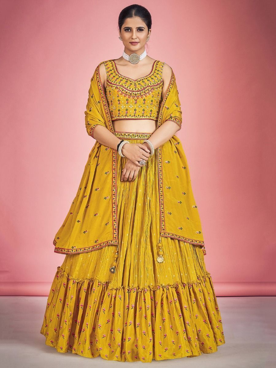 Yellow Pakistani Georgette Lehenga Choli For Indian Festivals & Weddings - Thread Embroidery Work, Mirror Work