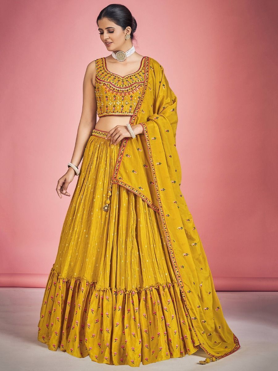 Yellow Pakistani Georgette Lehenga Choli For Indian Festivals & Weddings - Thread Embroidery Work, Mirror Work