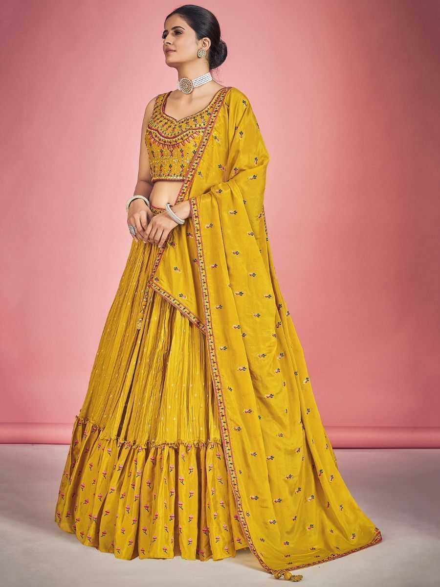 Yellow Pakistani Georgette Lehenga Choli For Indian Festivals & Weddings - Thread Embroidery Work, Mirror Work